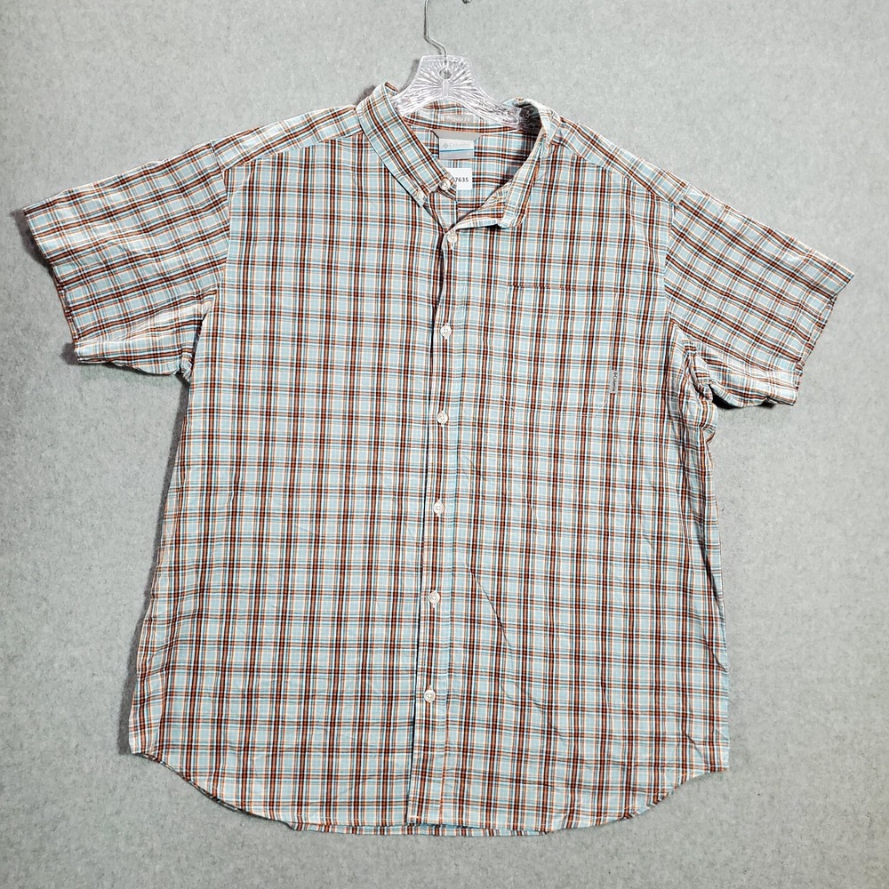 Columbia Men Button Up Shirt XL Blue Plaid Orange Short Sleeve Collar
